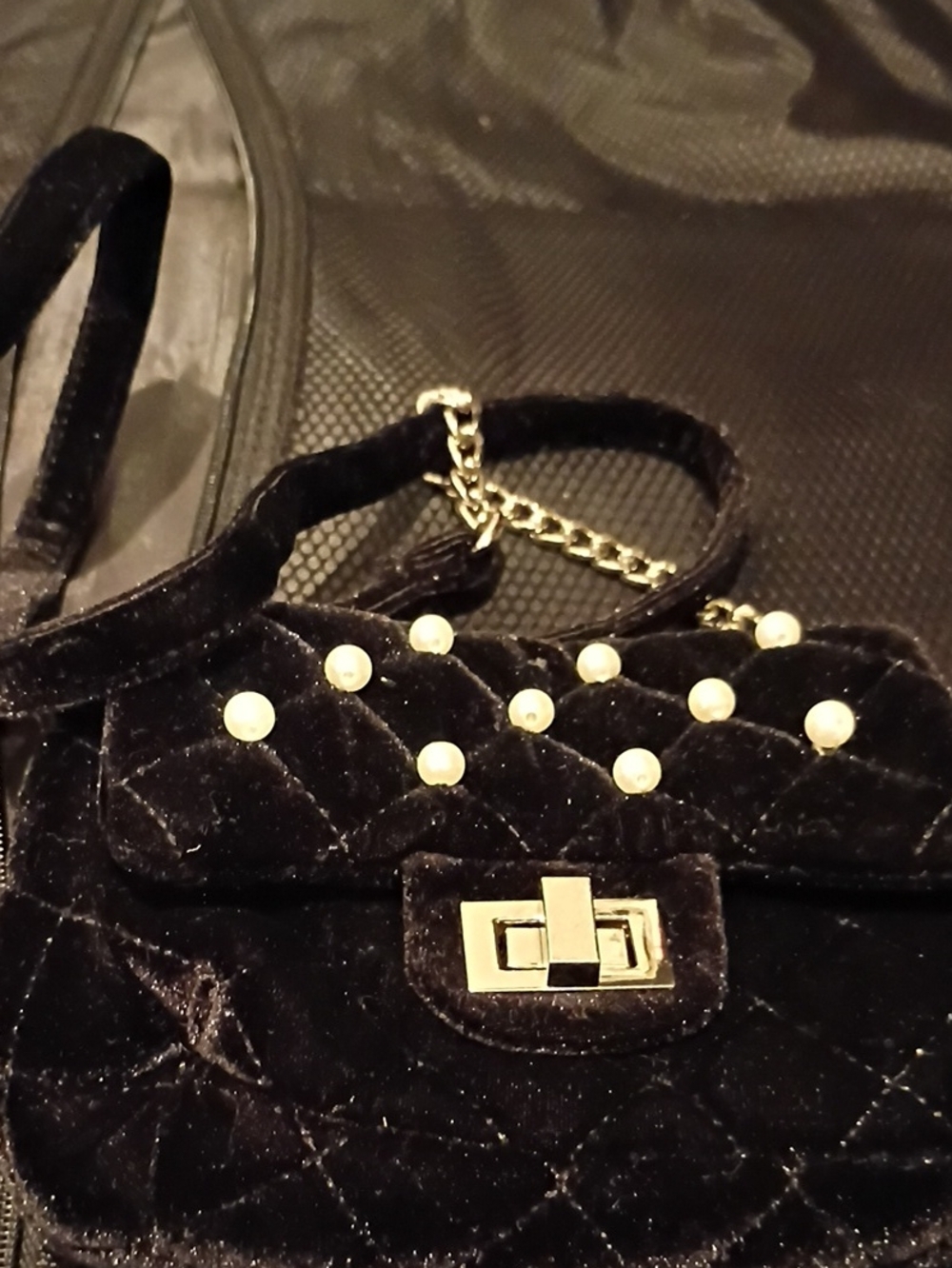 Quilted Black Velvet Crossbody with Pearl Accents